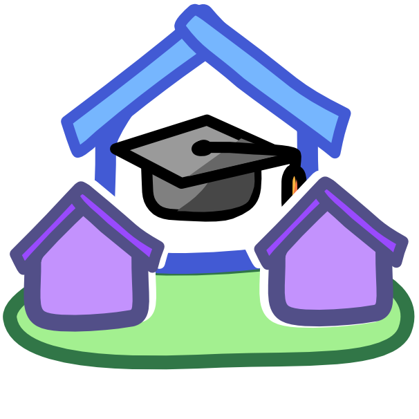 a blue house shape with a black graduation cap inside it outlined in black. infront of the blue house are two small purple houses, one on each side, under the houses. The image has dark line art.
